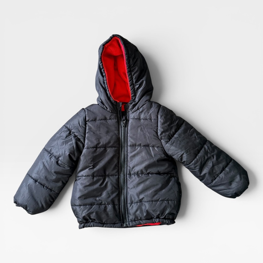 London Fog Kids Black Puffer Jacket Red Fleece Hooded Quilted Coat Size 5/4